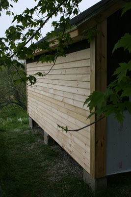 Clapboards on the back of the coop